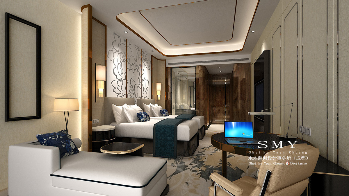 酒店客房設計，客房雙人床布置效果